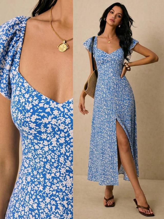 floral sweetheart maxi dress with flutter sleeves