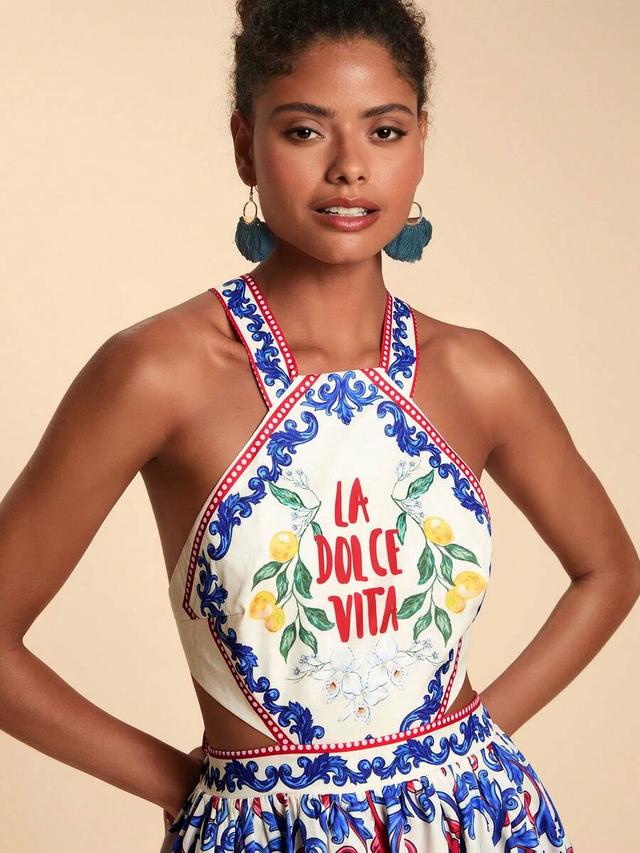 white halter neck dress with fruit and letter print