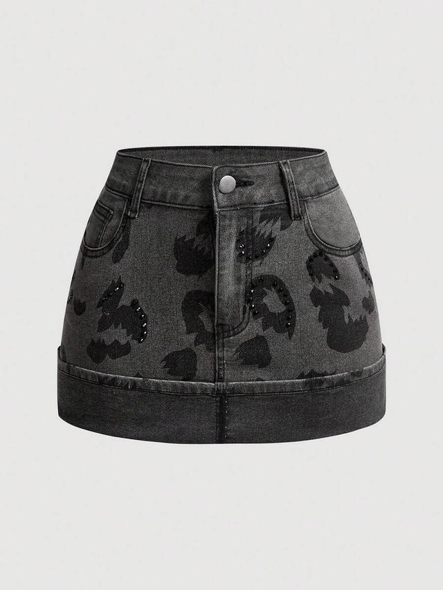 charcoal grey denim mini skirt with black leopard print