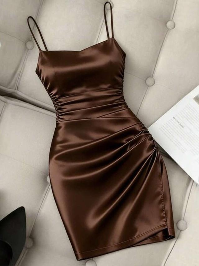 brown satin spaghetti strap fitted bodycon mini dress