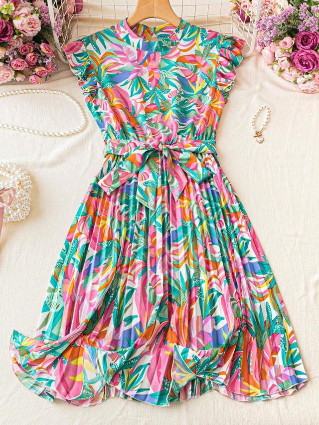 floral printed mini stand collar pleated a-line dress
