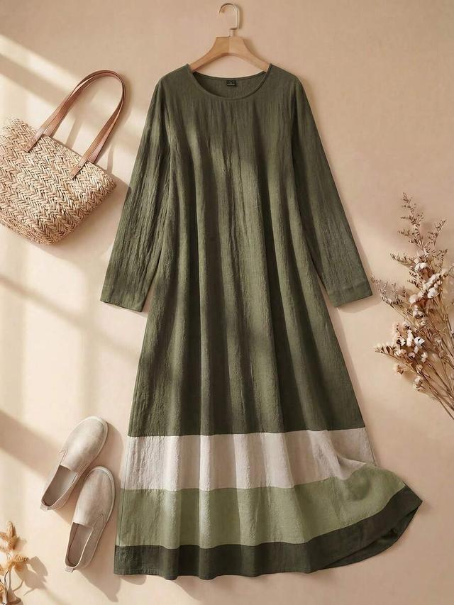 olive green color block long sleeve casual dress