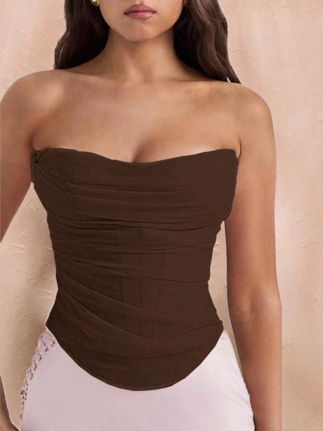 brown ruched strapless corset top