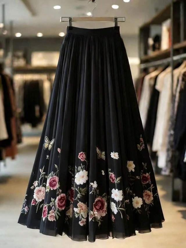floral embroidered tulle a-line maxi skirt