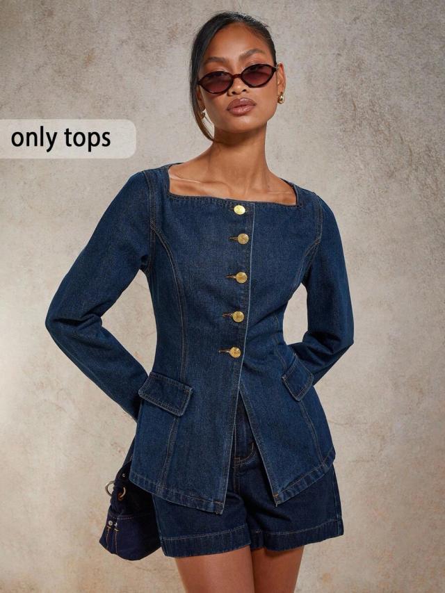 cosmina denim square neck button front long sleeve blouse