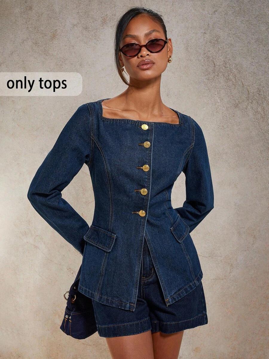 cosmina denim square neck button front long sleeve blouse