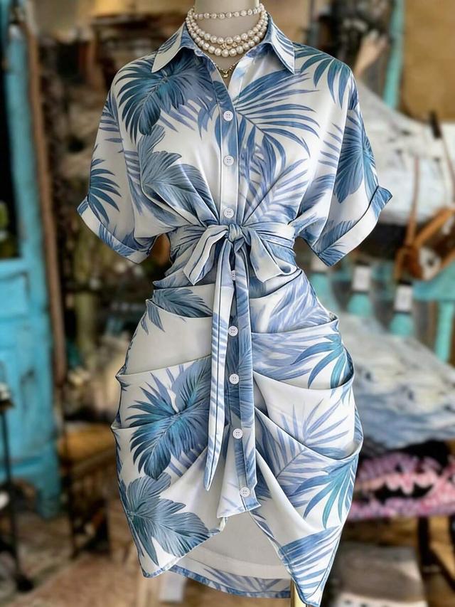 blue palm print button-down shirt dress
