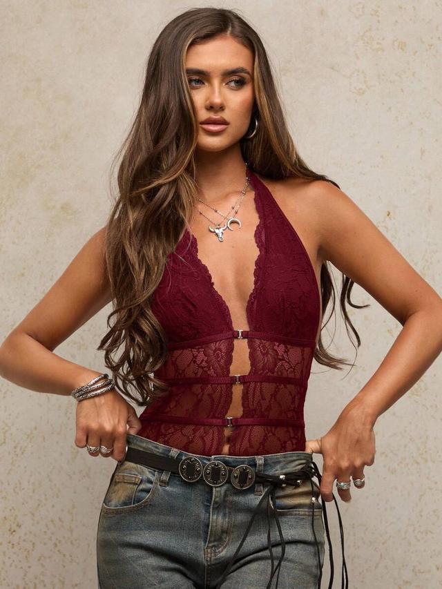 burgundy lace halter backless bodysuit