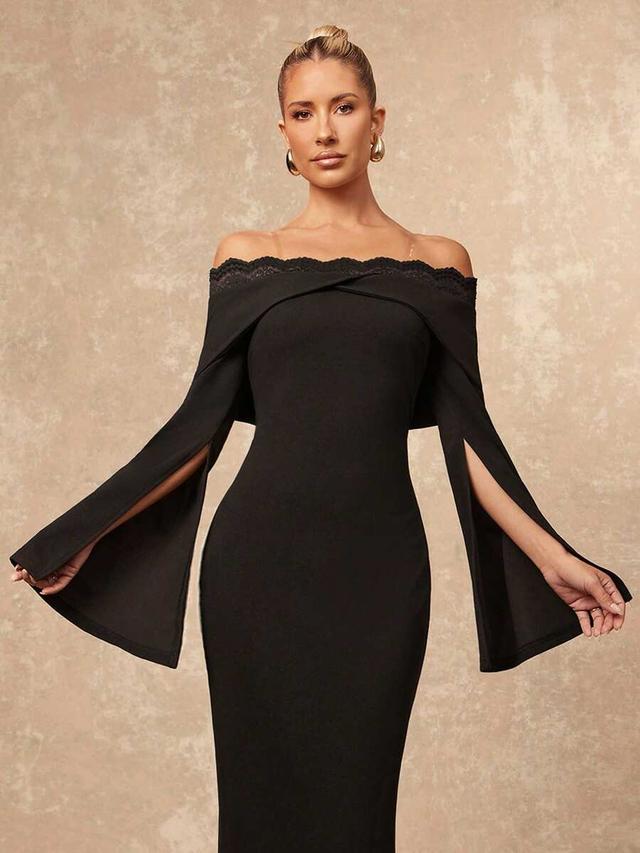 elegant black off-shoulder lace patchwork bodycon dress