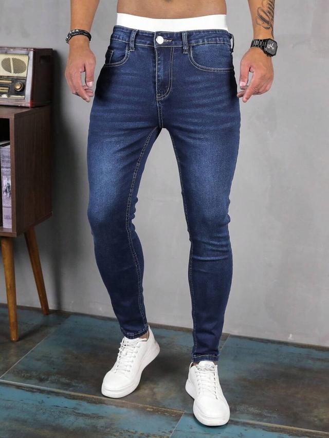 men's navy blue washed skinny fit denim jeans