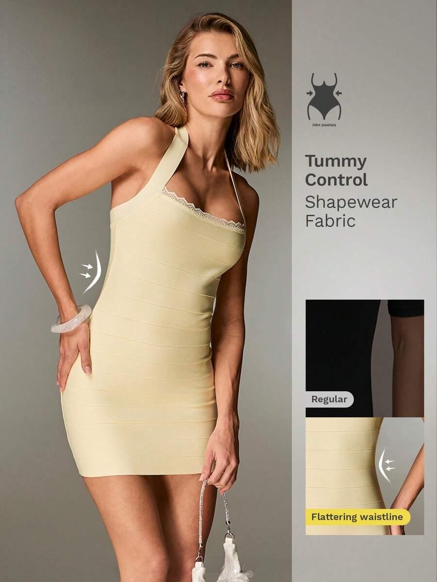 nuvra minimalist solid color lace trim backless halter dress