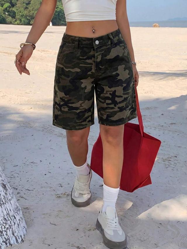 camouflage print cotton denim bermuda shorts