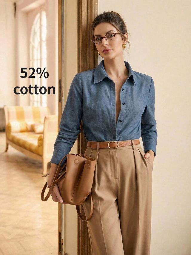 blue cotton blend front-opening lapel shirt