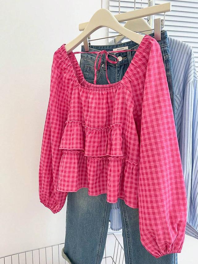 pink gingham ruffle hem long sleeve top