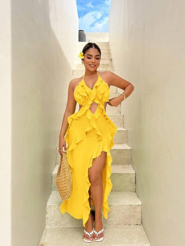 bright yellow ruffled halter neck cutout maxi dress