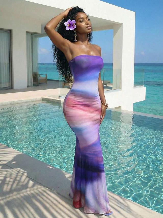 strapless ombre print bodycon maxi dress