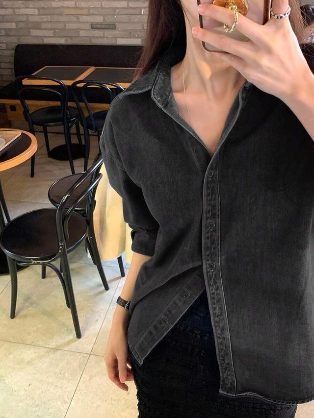 dazy stylish long sleeve loose turndown collar denim shirt