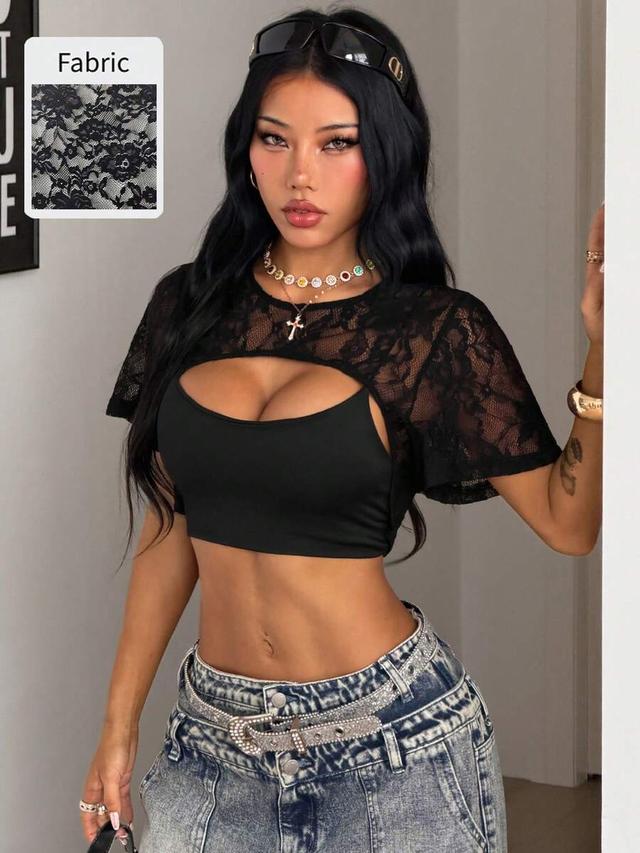 black lace overlay round neck crop top