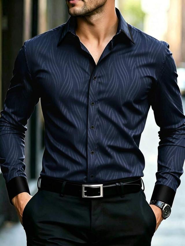 navy blue patterned long sleeve button shirt