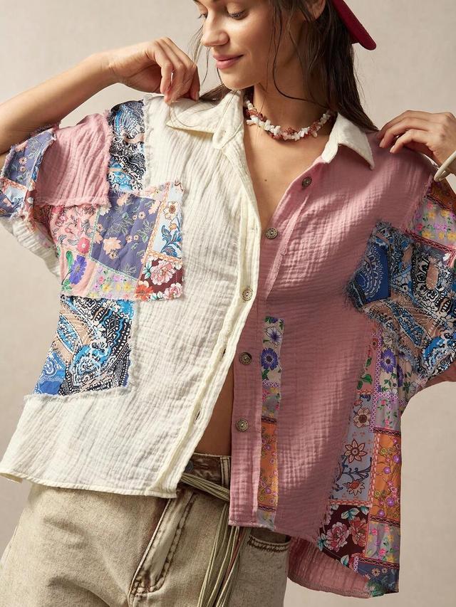 pink bohemela casual woven patchwork loose blouse