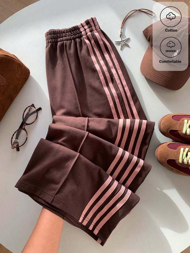 casual sporty contrast brown and pink wide leg sweatpants