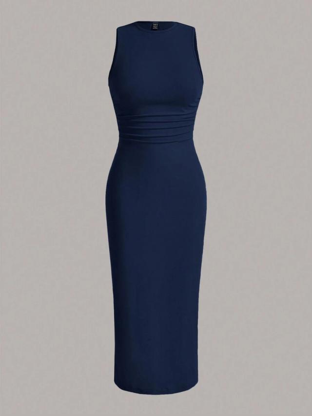 navy blue sleeveless ruched midi dress