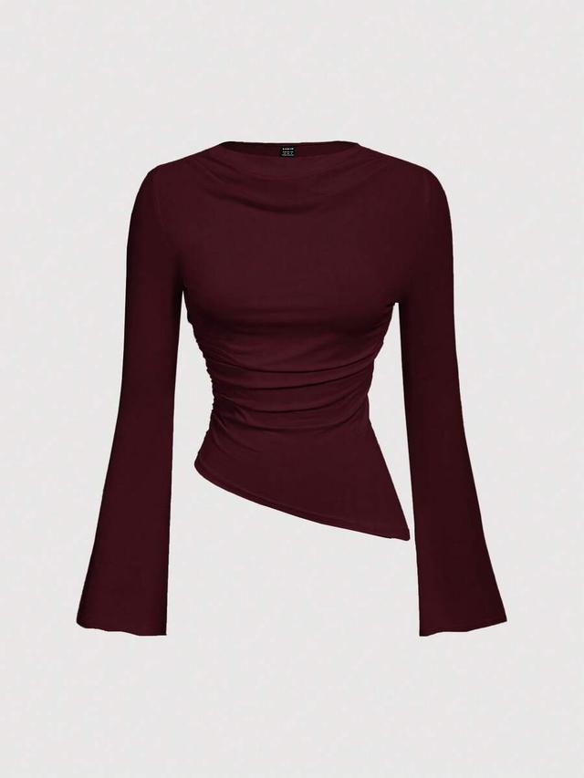 burgundy ruched flare sleeve asymmetric hem top