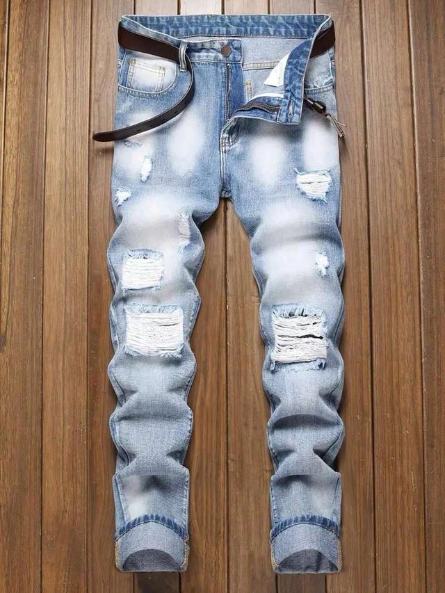 men's blue straight slim fit vintage distressed ripped jeans