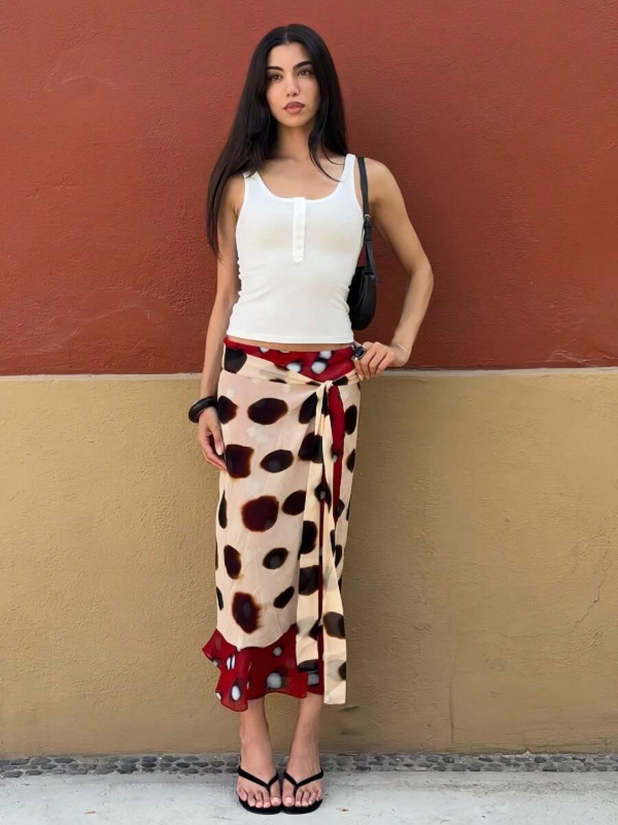 polka dot wrap tie irregular ruffle midi skirt