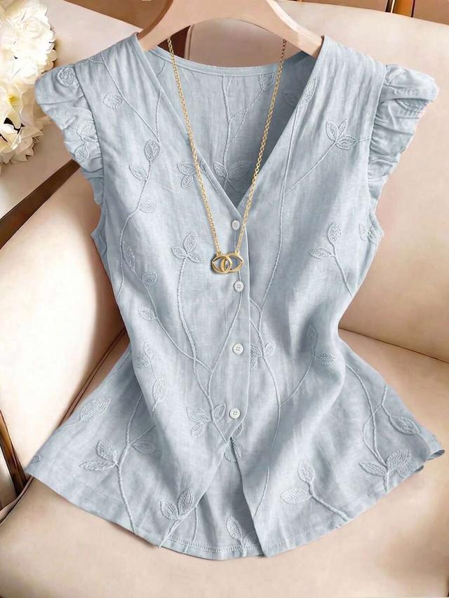 light blue embroidered leaf pattern summer blouse