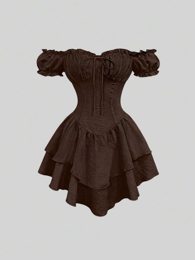 dark brown off-shoulder puff sleeve corset dress