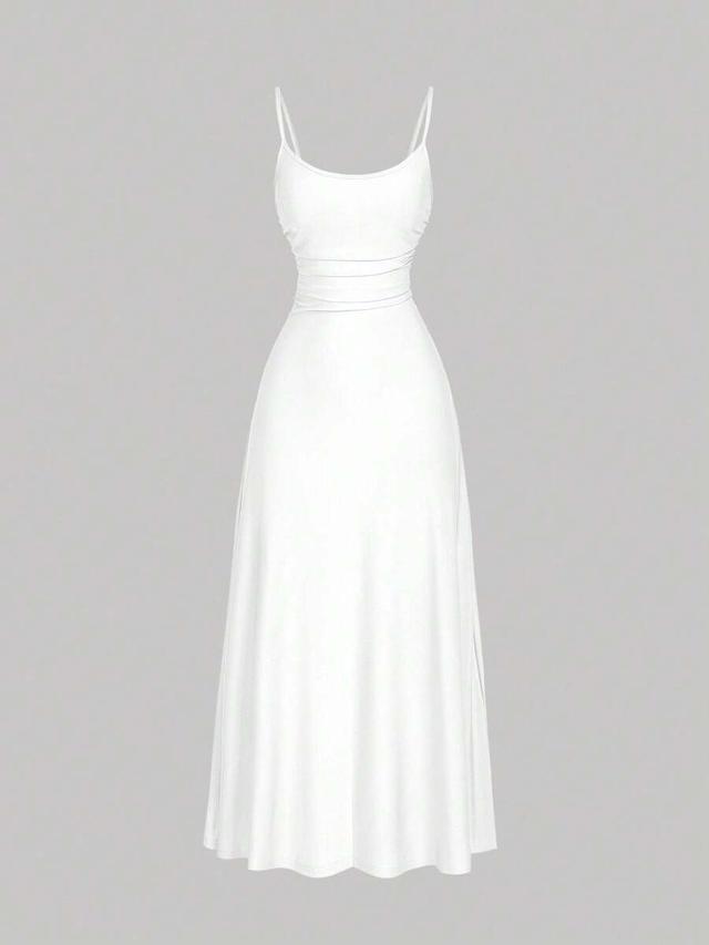 solid white ruched waist flared spaghetti strap dress