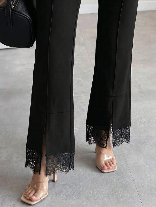 elegant black winter lace patchwork flared trousers