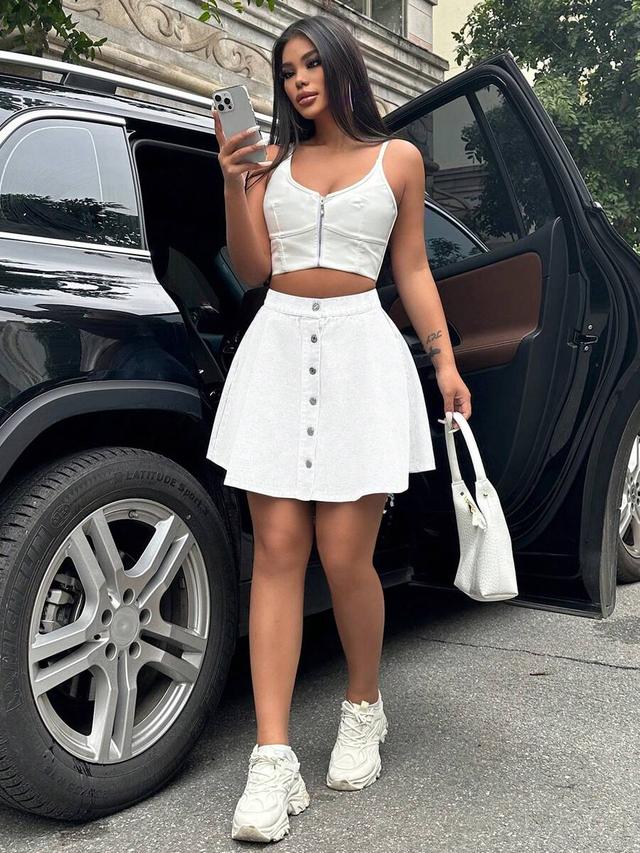 white denim a-line flared mini skirt