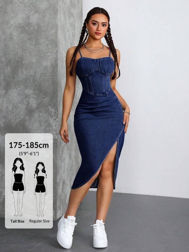 dark wash denim corset midi dress