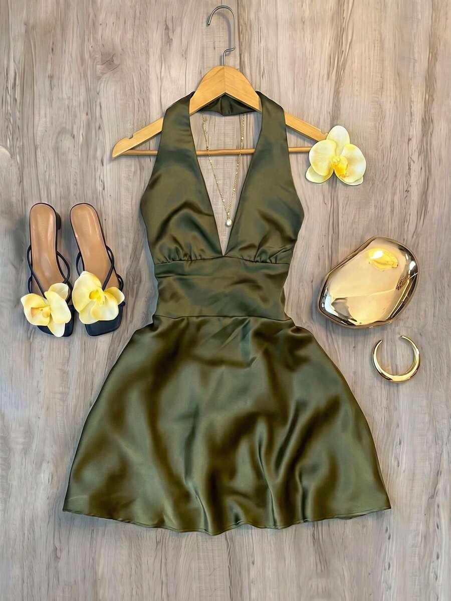 olive green satin halter neck mini dress