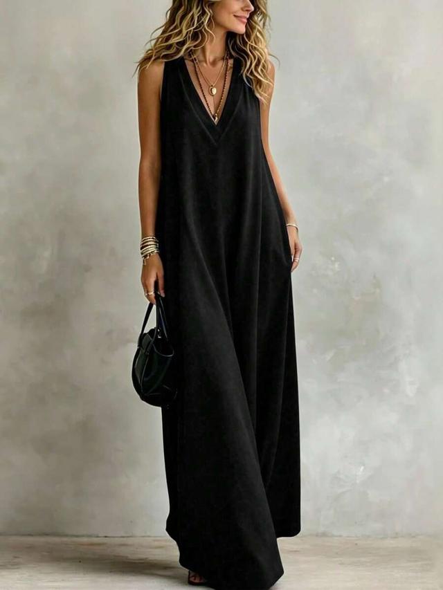 breezaya women's solid black deep v-neck sleeveless dress