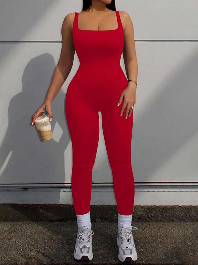 red sleeveless square neck ribbed jumpsuit