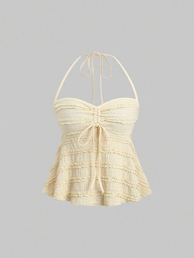 solid textured halter top with lace trim