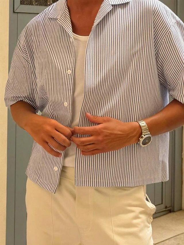 men's casual striped short sleeve camp collar shirt