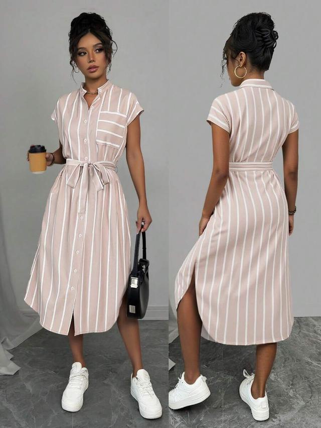 striped beige button front shirt dress with cinched waist