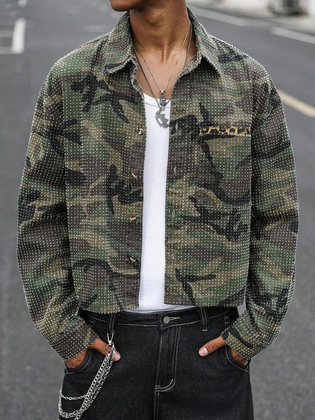 camo print crochet texture casual denim shirt