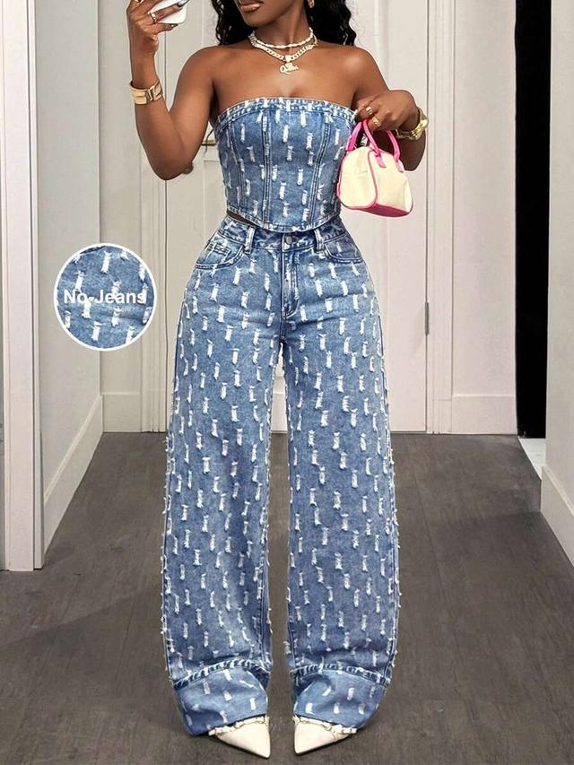 strapless cropped aqua blue distressed denim corset top
