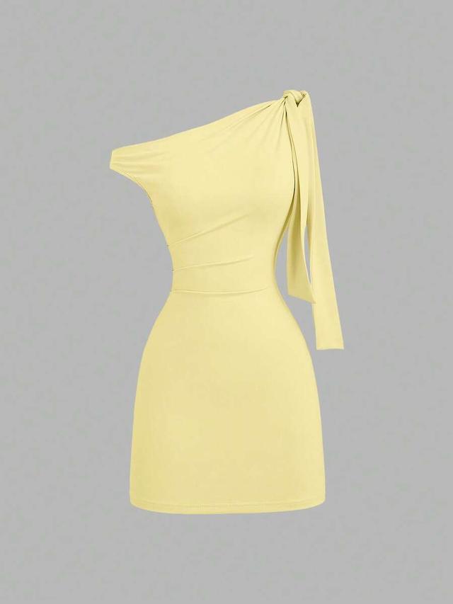 sweetra yellow asymmetric shoulder ruffle bodycon mini dress