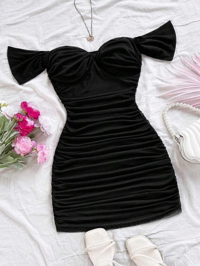 soleia black vacation knit mesh off shoulder bodycon dress