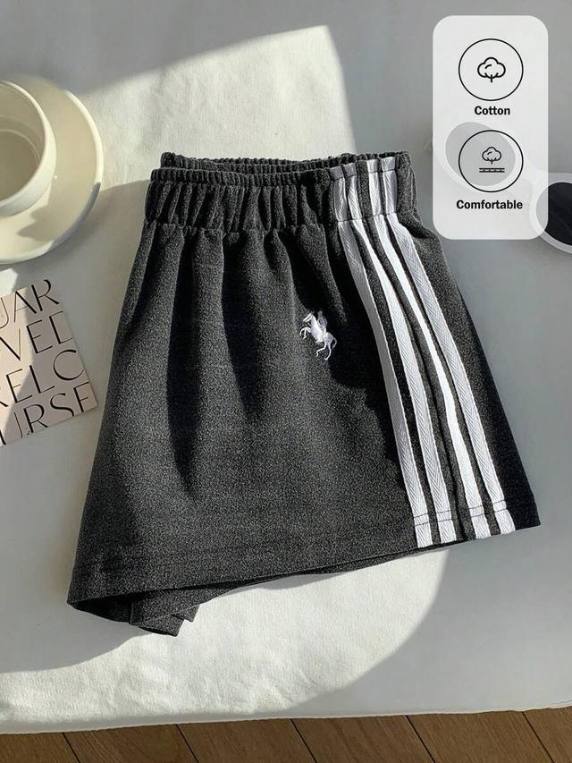 light grey embroidered side stripe knit gym shorts