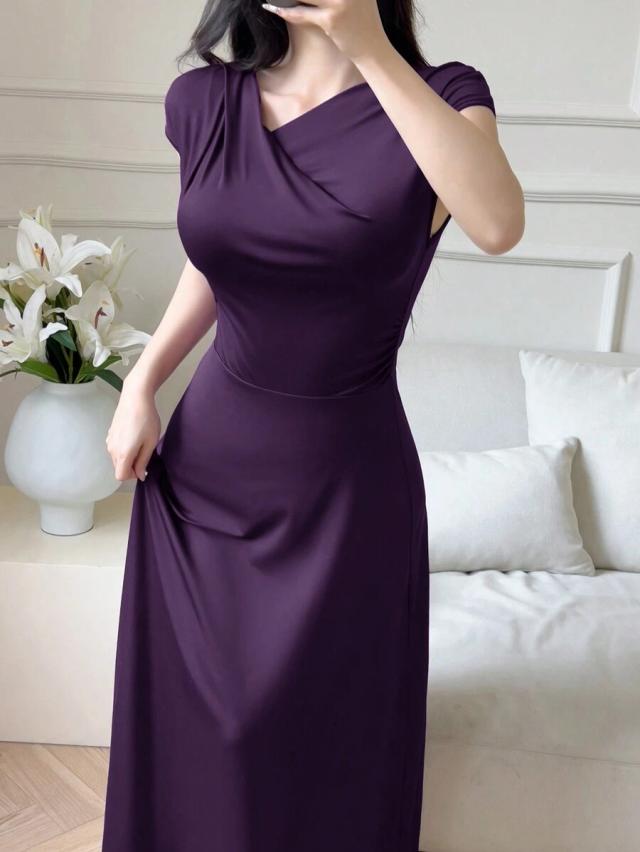 solid purple short sleeve slim fit long dress