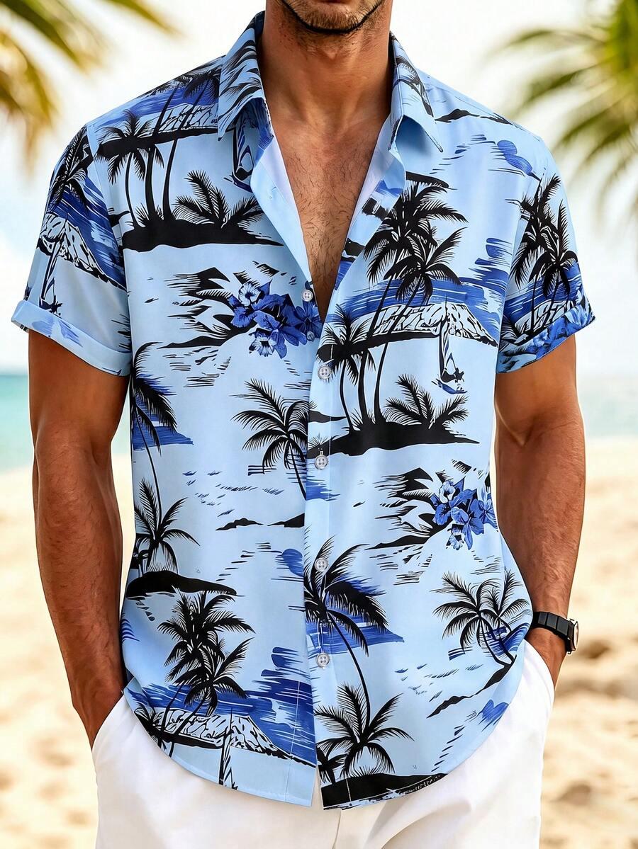 light blue coconut tree print short sleeve shirt
