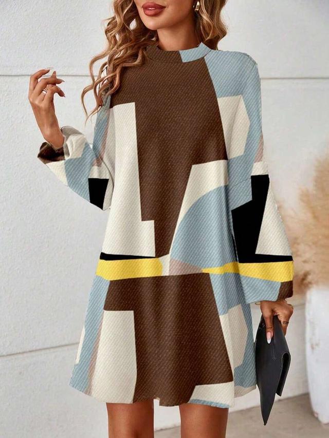 geometric print mock neck shift dress