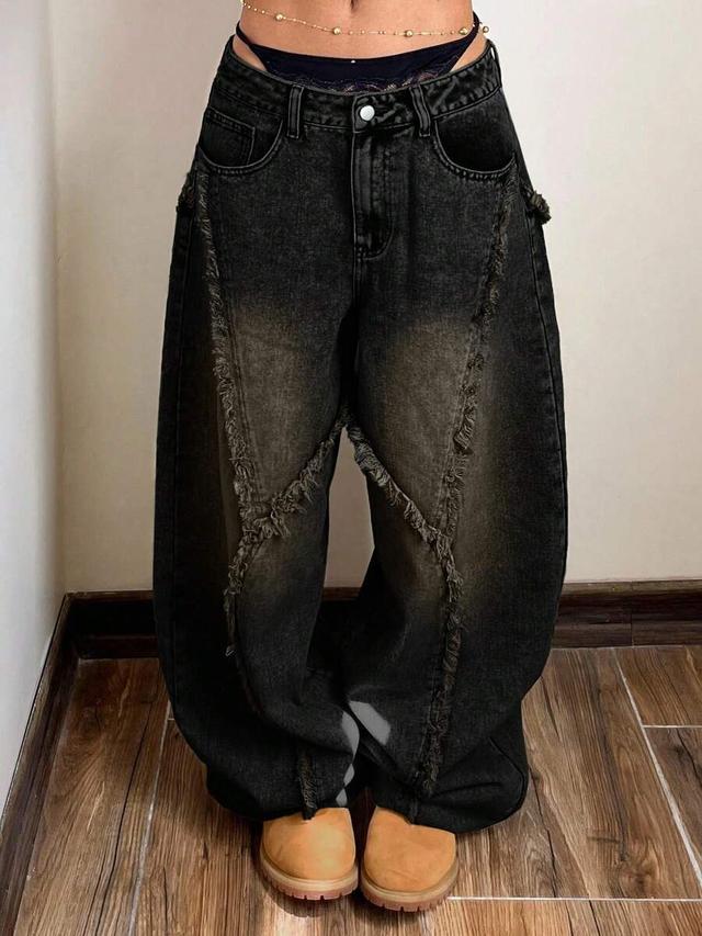 dark wash women's vintage street chic deconstructed frayed hem wide leg jeans